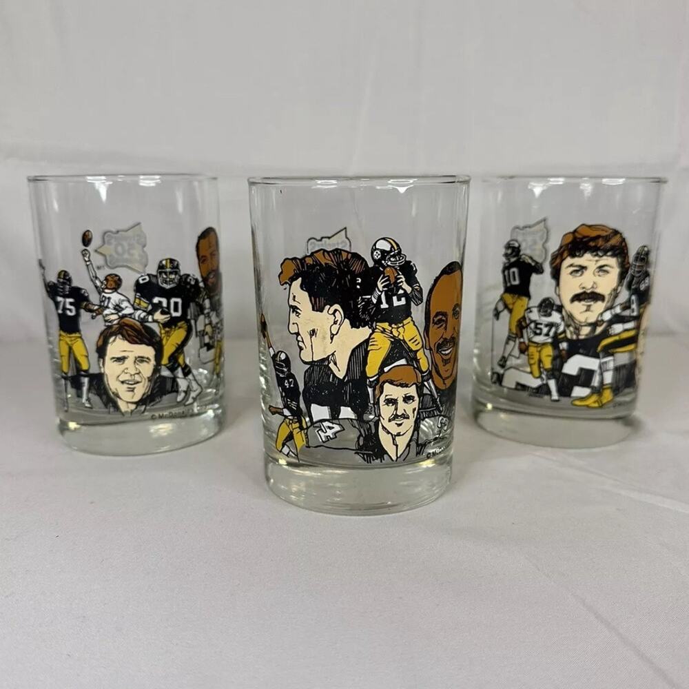 Set of (3) 1990 Pittsburgh Steelers McDonalds Hall of Fame Glass Set - EXC